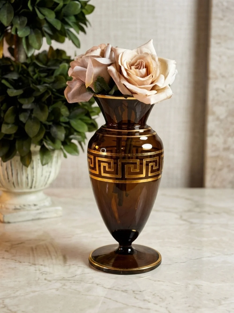 Vintage Amber Glass Pedestal Vase with Gold Greek Key Pattern Home Decor